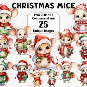 Kerstmuizen aquarel clipart, ambacht/kaarten scrapbooking sublimatie, schattige dieren Instant Download commercieel gebruik transparante PNG-bundel