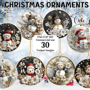 Ornements de cercle de Noël bonhomme de neige mignons effet 3D, téléchargement immédiat festif rond commercial Clipart transparent Noël PNG sublimation lot