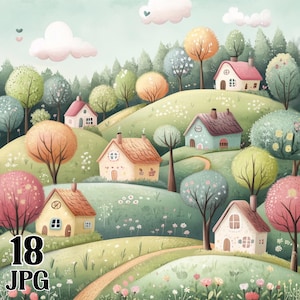 Lot de cliparts lunatiques jolie campagne numérique et création de papier, téléchargement immédiat de jolies maisons, nature, arbres, arbres, scènes, commercial JPG