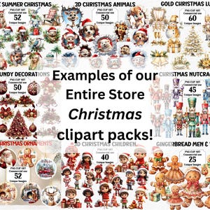 May include: Examples of Christmas clipart packs, including Aussie Summer Christmas, 3D Christmas Animals, Gold Christmas Luxury, Burgundy Decorations, Christmas Nutcrackers, Cute Christmas Ornaments, 3D Christmas Children, and Gingerbread Men & Women. Each pack includes a variety of unique images.