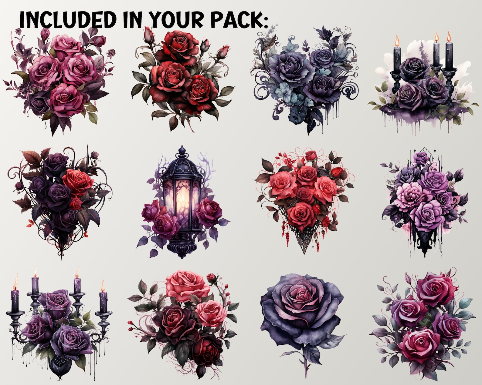 Spooky Roses Gothic Roses Watercolor Spooky Dark Flowers Clipart, Cards Junk Journal ...
