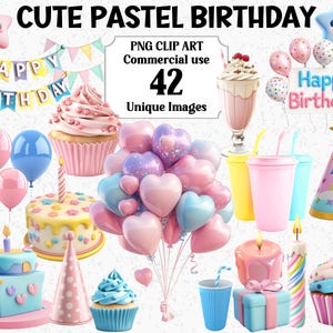 Niedliche Pastell Geburtstag Clipart 3D Stil Mädchen & Jungen Party Sofort-Download Helle Geschenke Kommerziell Lebendige Transparente PNG Sublimationsbündel