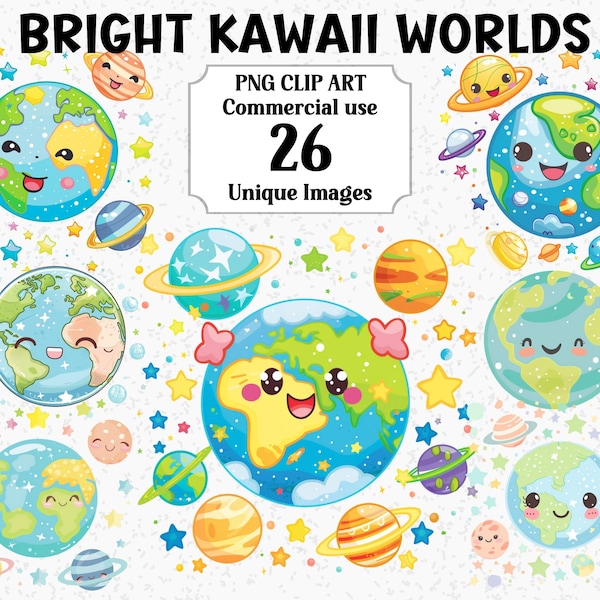 Bright Kawaii Worlds Watercolor Clipart, Instant Download Commercial use, Cute Galaxy Planets Earth Moon, Transparent PNG Sublimation bundle