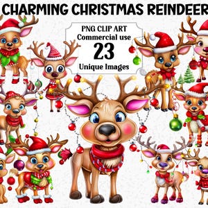 Charming Christmas Reindeer Clipart, Instant Download, Commercial use, Vibrant Baubles Hats Decorations, Transparent PNG Sublimation bundle