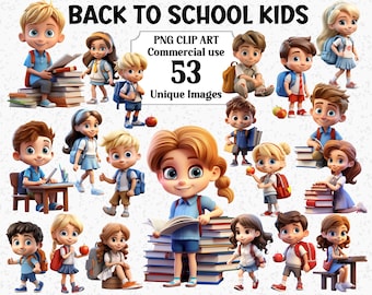 3D Style Back to School Kids Clipart, Commercial use Children People Family Friends Daughter Son Bag Desk Transparent Sublimation PNG bundle