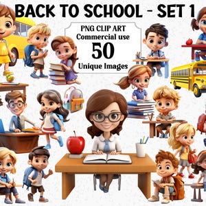 Ensemble de cliparts de style 3D pour la rentrée scolaire 1, usage commercial enfants personnes enseignants enfants, paquet fille fils sac bureau sublimation PNG transparente