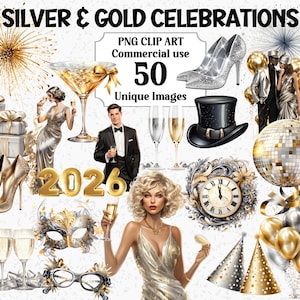 Pacchetto di clipart acquerellate per le celebrazioni di Capodanno 2026 in argento e oro, download istantaneo, pacchetto PNG trasparente per la sublimazione commerciale di Capodanno