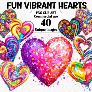Clipart amour aquarelle coeurs vibrants amusants, invitations de cartes, téléchargement immédiat à usage commercial PNG Transparent par sublimation lot