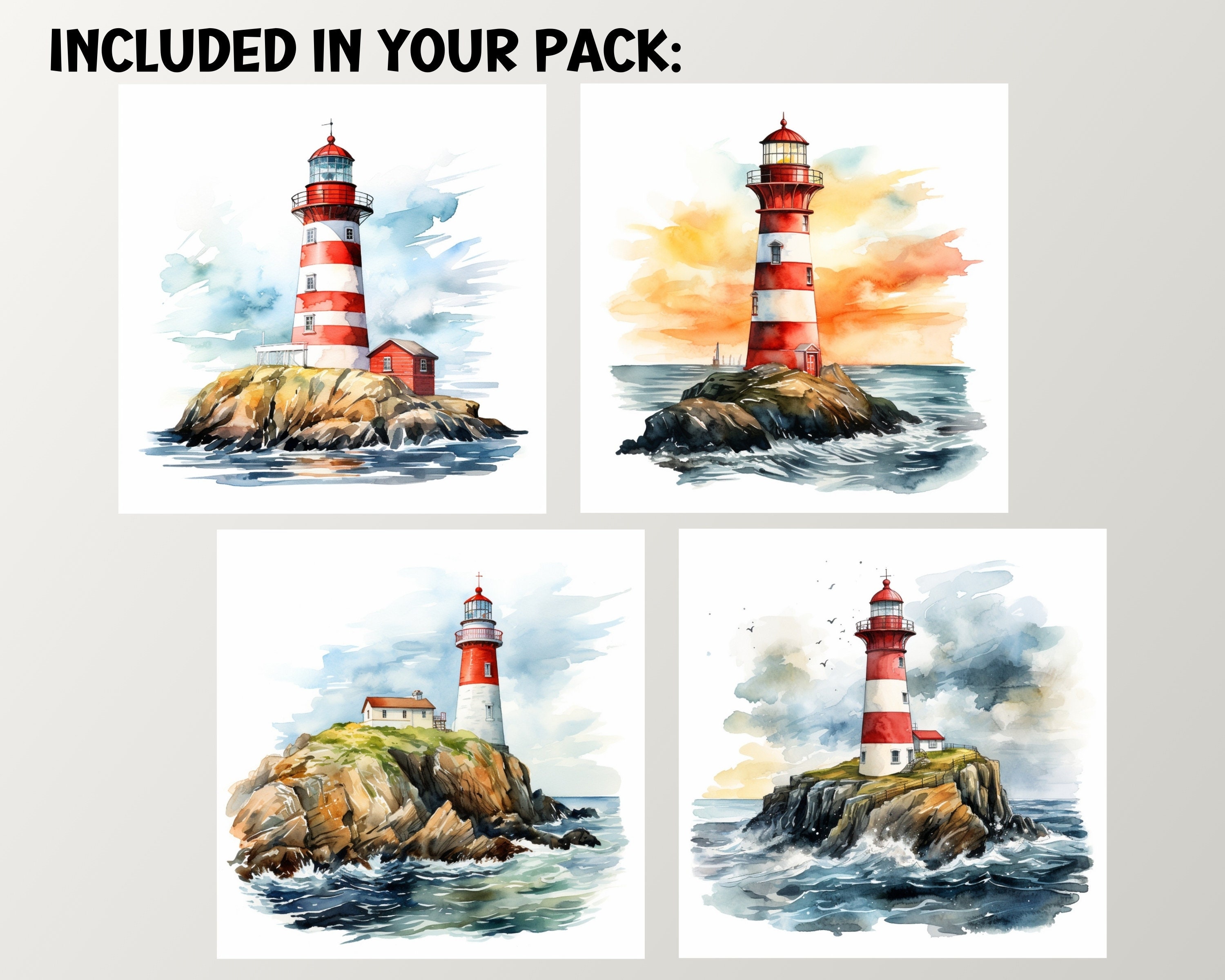 Coastal Lighthouses Watercolor Clipart Scenes, Digital & Paper Craft ...
