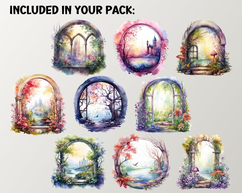 Fairytale Windows Scenes Watercolor Landscape Clipart, Scrapbooking ...