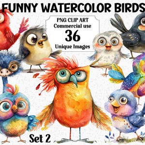 Conjunto de imágenes prediseñadas de aves de acuarela divertidas (2 unidades), animales de dibujos animados, descarga instantánea, uso comercial, pavos reales, búhos, paquete de sublimación PNG transparente.