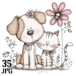 May include: A line art illustration of a brown and white dog and a grey and white striped cat sitting together. The dog wears a pink heart pendant, and the cat has a pink bow. A large pink flower and smaller floral stems surround them.