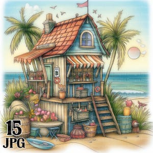 Skurrile Strand Häuser Clipart bunt schrullig niedlich Hintergrund digitales Papier am Wasser sofortiger Download Küstenhütten kommerzielle JPG-Bundle
