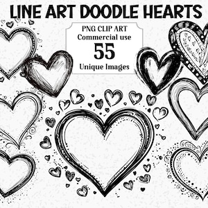 Dessin au trait Doodle coeurs Saint Valentin Clipart amour décorations lot, créations numériques/papier, utilisation commerciale en téléchargement immédiat, PNG transparent
