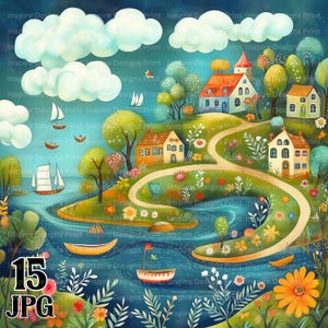Lebendige Waterfront Whimsy Clipart Bunte wunderliche Hintergründe Quirky Digital Paper Instant Download Lakeside Szenen kommerzielle JPG Bundle