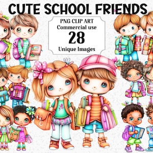 Cute School Friends Clipart Commercial use Children Girls Boys People Back to School Kids Bag Books Transparent Sublimation PNG bundle