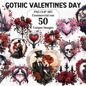 Gothique Saint Valentin aquarelle Clipart, carnet de voyage artisanal, téléchargement immédiat, usage commercial, sublimation Bundle PNG Transparent