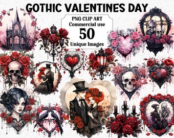 Gothic Valentines Day Watercolor Clipart, Craft Junk Journal, Instant Download, Commercial use, Transparent PNG Sublimation Bundle