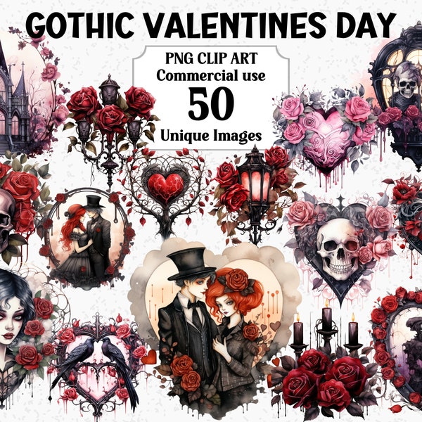 Gothic Valentines Day Watercolor Clipart, Craft Junk Journal, Instant Download, Commercial use, Transparent PNG Sublimation Bundle