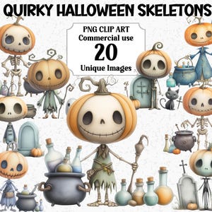 May include: A collection of whimsical Halloween-themed clip art featuring pumpkin-headed skeletons. The images include various skeletons with accessories like cauldrons, potions, and tombstones. The text reads "Quirky Halloween Skeletons" and "20 Unique Images".
