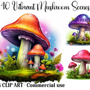 Cenas vibrantes de cogumelos aquarela clipart, artesanato digital e em papel, download instantâneo, fundos de paisagens naturais, pacote JPG para uso comercial