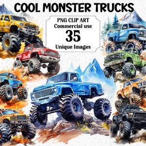 Monstertrucks Aquarell Clipart, Digital & Papier Handwerk, sofortiger Download kommerzielle Nutzung Transparent Rocky Mountain PNG Sublimation Bundle