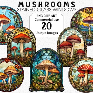ClipArt di finestre di vetro colorato di funghi, artigianato digitale e cartaceo / download istantaneo, uso commerciale, clipart PNG trasparenti, arte della parete