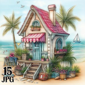 Clipart di capanne da spiaggia carine e stravaganti, sfondo colorato e stravagante, carta digitale, lungomare, download istantaneo, case costiere, commerciale, JPG, pacchetto