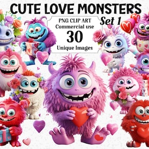 Süße Liebe Monster Set 1 Clipart, Valentinstag Handwerk, lebendige Spaß Sofort-Download, kommerzielle Nutzung, transparente Sublimation PNGs Bundle