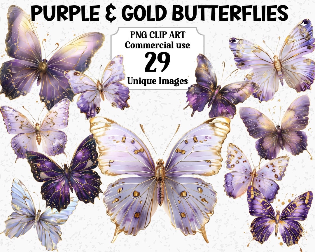 Purple &amp; Gold Butterflies Clipart, Digital Crafts, Instant Download ...