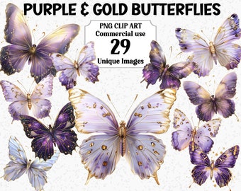 Purple & Gold Butterflies Clipart, Digital Crafts, Instant Download, Commercial use Transparent PNG Butterfly Insects Sublimation Bundle