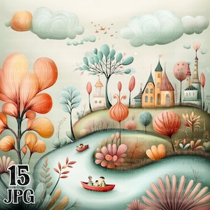 Clipart di fiume pastello, sfondi colorati, stravaganti, stravaganti, lago, carta digitale, download istantaneo, paesaggi acquatici, commerciale, pacchetto JPG
