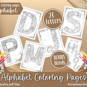 May include: A set of 26 printable alphabet coloring pages featuring intricate, detailed designs for each letter. The pages are perfect for adults and children who enjoy coloring and doodling. The set also includes bonus coloring pages for the words "HI" and "YOU".