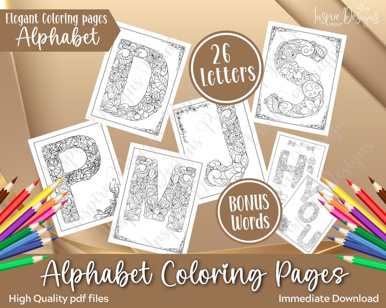 May include: A set of 26 printable alphabet coloring pages featuring intricate, detailed designs for each letter. The pages are perfect for adults and children who enjoy coloring and doodling. The set also includes bonus coloring pages for the words "HI" and "YOU".