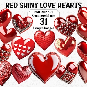 Clipart de acuarela de corazones de amor rojos brillantes para el día de San Valentín, tarjetas de invitación, descarga instantánea, paquete de sublimación PNG transparente para uso comercial
