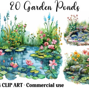 Tuinvijvers aquarel lente land clipart scènes, Digital & Paper Craft, Instant Download natuur achtergronden, Commercieel gebruik JPG-bundel