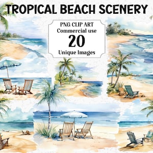 Imágenes prediseñadas de acuarela de paisaje de playa tropical, sublimación de la naturaleza de la costa del mar digital, descarga instantánea de uso comercial paquete PNG transparente