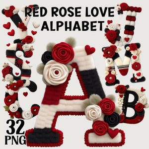 May include: A decorative alphabet set featuring letters adorned with red roses, hearts, and a mix of black, white, and red fur-like textures. The letters are arranged with the text "RED ROSE LOVE ALPHABET" at the top and "32 PNG" at the bottom.