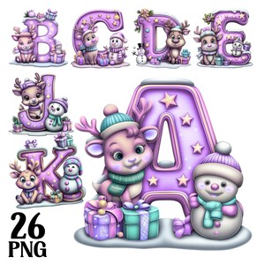 May include: A collection of whimsical, purple-toned alphabet letters, each adorned with a reindeer and snowman theme. The letters are decorated with stars, gifts, and snow. The image also includes the numbers "26" and the letters "PNG".