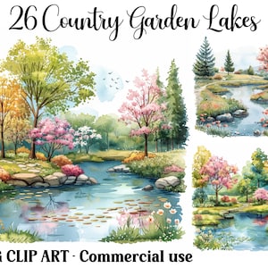 Land Garten Seen Aquarell Frühling Clipart Szenen, Digital & Papier Handwerk, sofortiger Download Natur Hintergründe, kommerzielle Nutzung JPG-bundle