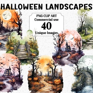 Halloween Landschappen Aquarel Clip Art spookachtige afbeeldingen, Digitale & Paper Crafts | Direct downloaden | Commercieel gebruik | Transparante PNG-clipart