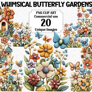 Clipart lunatique jardins de papillons fleurs transparentes PNG mignon Floral téléchargement numérique instantané usage commercial PNG sublimation artisanat Bundle