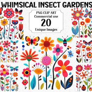 Clipart lunatique insecte jardins PNG transparents mignon papillon floral téléchargement numérique instantané PNG commercial sublimation décoration Bundle