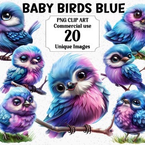 Imágenes prediseñadas de animales de acuarela azul de pájaros bebés, manualidades digitales y de papel, descarga instantánea, paquete de gráficos de sublimación PNG transparentes comerciales