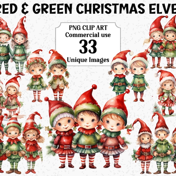 Red & Green Christmas Elves Watercolor Clipart, Craft sublimation Decorations, Instant Download Commercial use Transparent Elf PNG Bundle