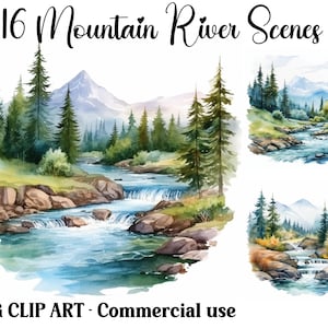 Berg Fluss Szenen Aquarell Clipart, Digital & Papier Handwerk, sofortiger Download See Wasser Landschaft Hintergrund, kommerzielle Nutzung JPG Pack