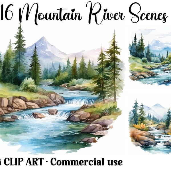 Mountain River Scenes Watercolor Clipart, Digital & Paper Craft, Instant Download Lake Water Landscape background, Commercial use JPG bundle