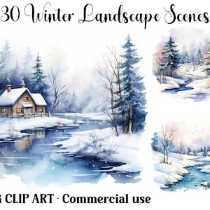 Winterlandschapscènes aquarel clipart, digitaal en papier ambachten, instant download seizoensgebonden kerstachtergronden, commercieel gebruik jpg's