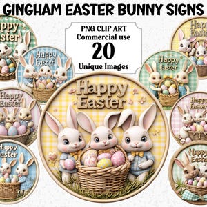 Niedliche Gingham Osterhase Zeichen Clipart, Kaninchen-Hasen Digitales Handwerk, Sofort-Download, kommerzielle Nutzung Transparent PNG Sublimation Bundle