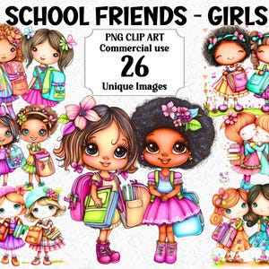 Amici di scuola - Clipart di ragazze Uso commerciale Bambini Carini Ritorno a scuola Bambini Borse Libri Persone Amici Pacchetto PNG trasparente a sublimazione
